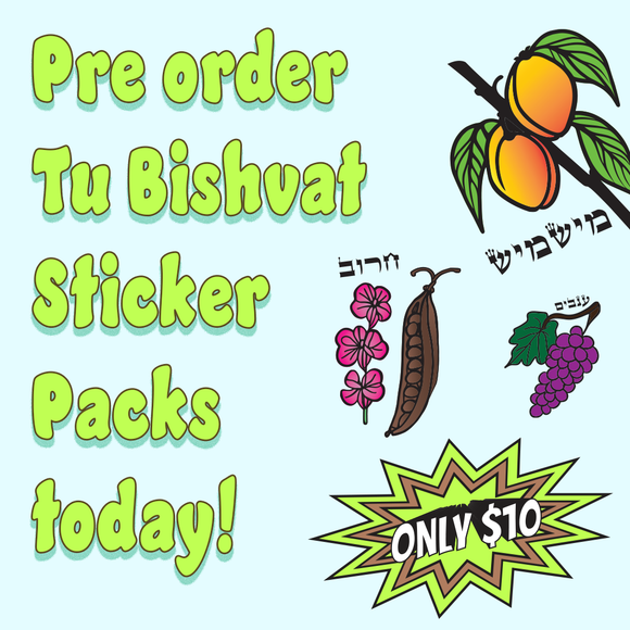 Tu BiShvat and Torah-inspired sticker collection featuring Pri Etz Hadar fruits like grapes, figs, and pomegranates, alongside fun Jewish gift designs. Perfect for Jewish holiday decor, Kabbalistic symbolism, Torah-themed accessories, and Jewish streetwear aesthetics.